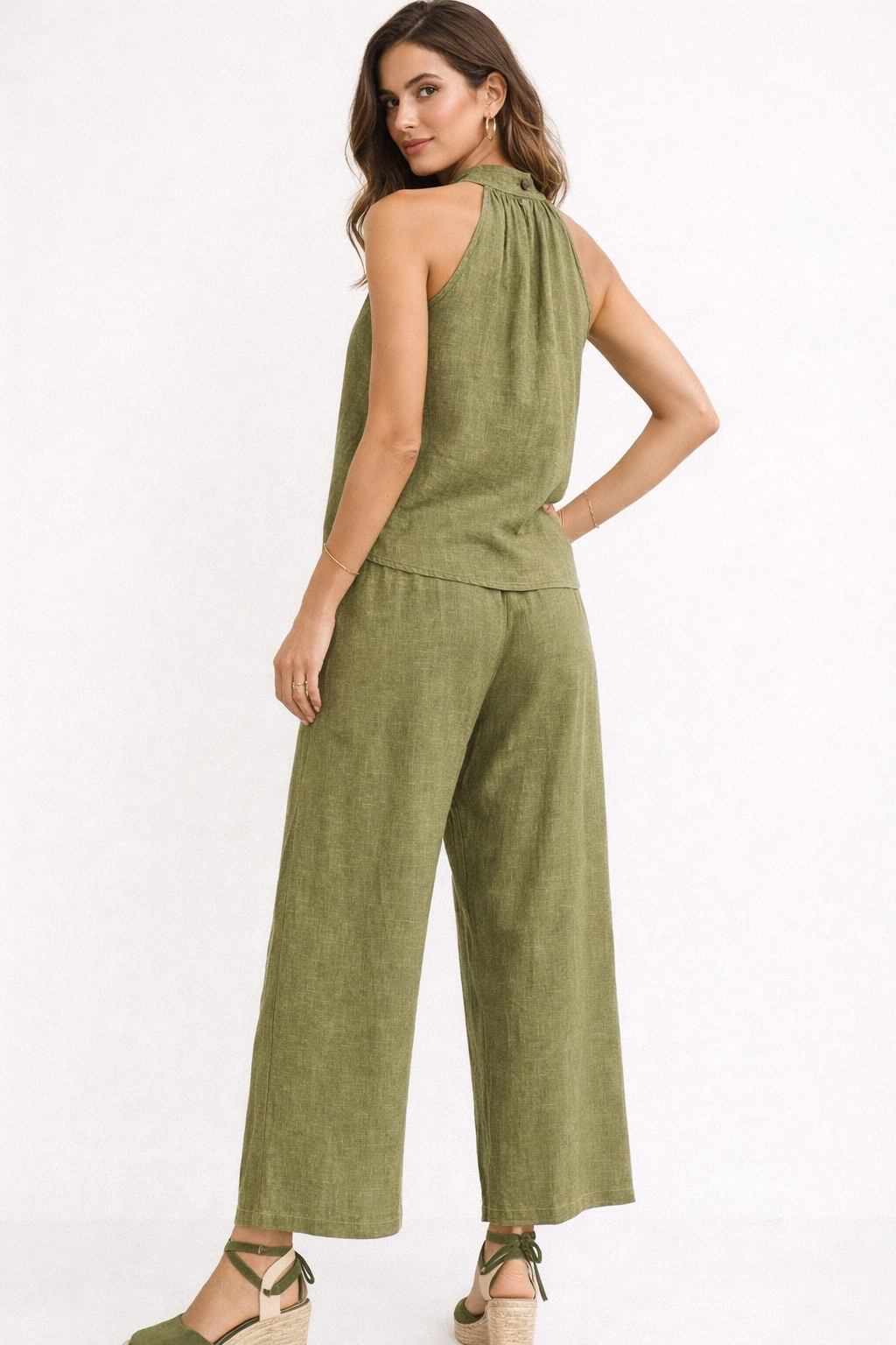 Blusas Para Mujer de Lino Halter Con Plisado N61151 Olivo