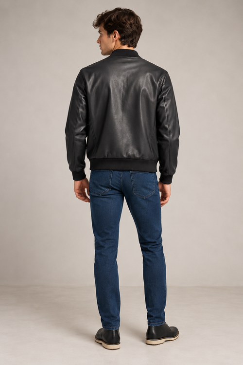 Chamarras Para Hombre Bomber Tipo Piel Cierre Frontal D45306 Negro