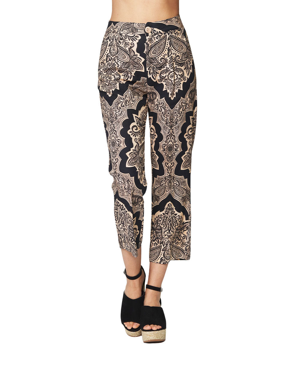 Pantalones Para Mujer Pesquero Tipo Lino Estampado Paisley W41122 Beige/Negro