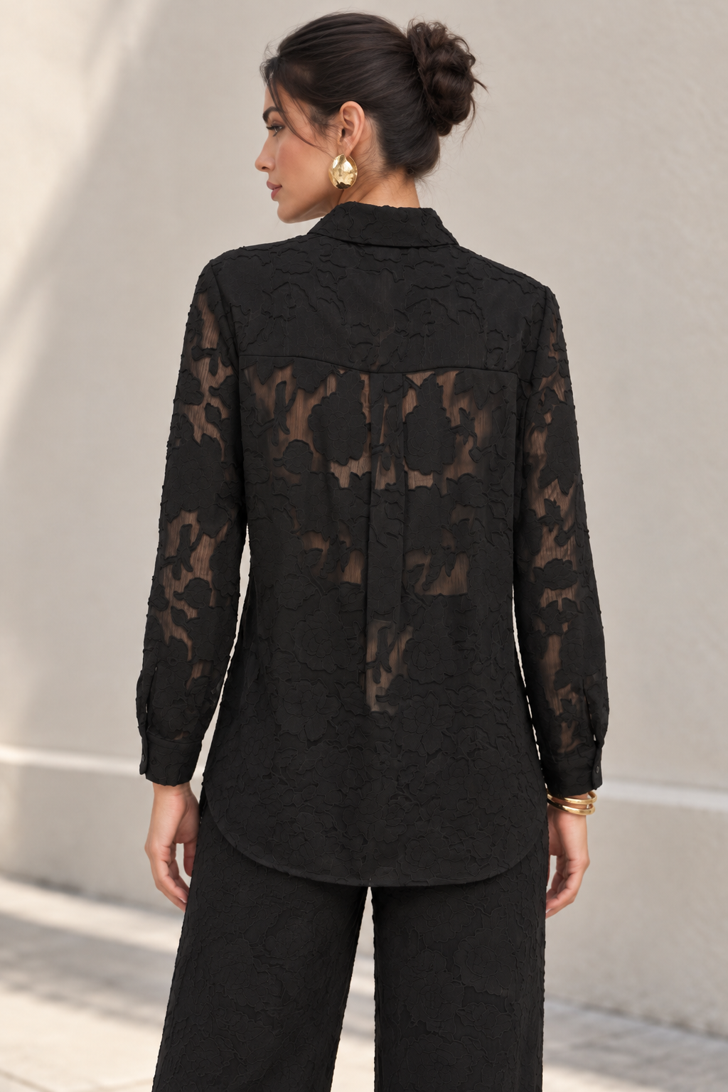 Blusas Para Mujer Jacquard Con Transparencia Y Diseño Floral N63107 Negro