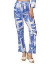 Pantalones Para Mujer Tipo Lino Estampado Abstracto Con Jareta W41120 Azul