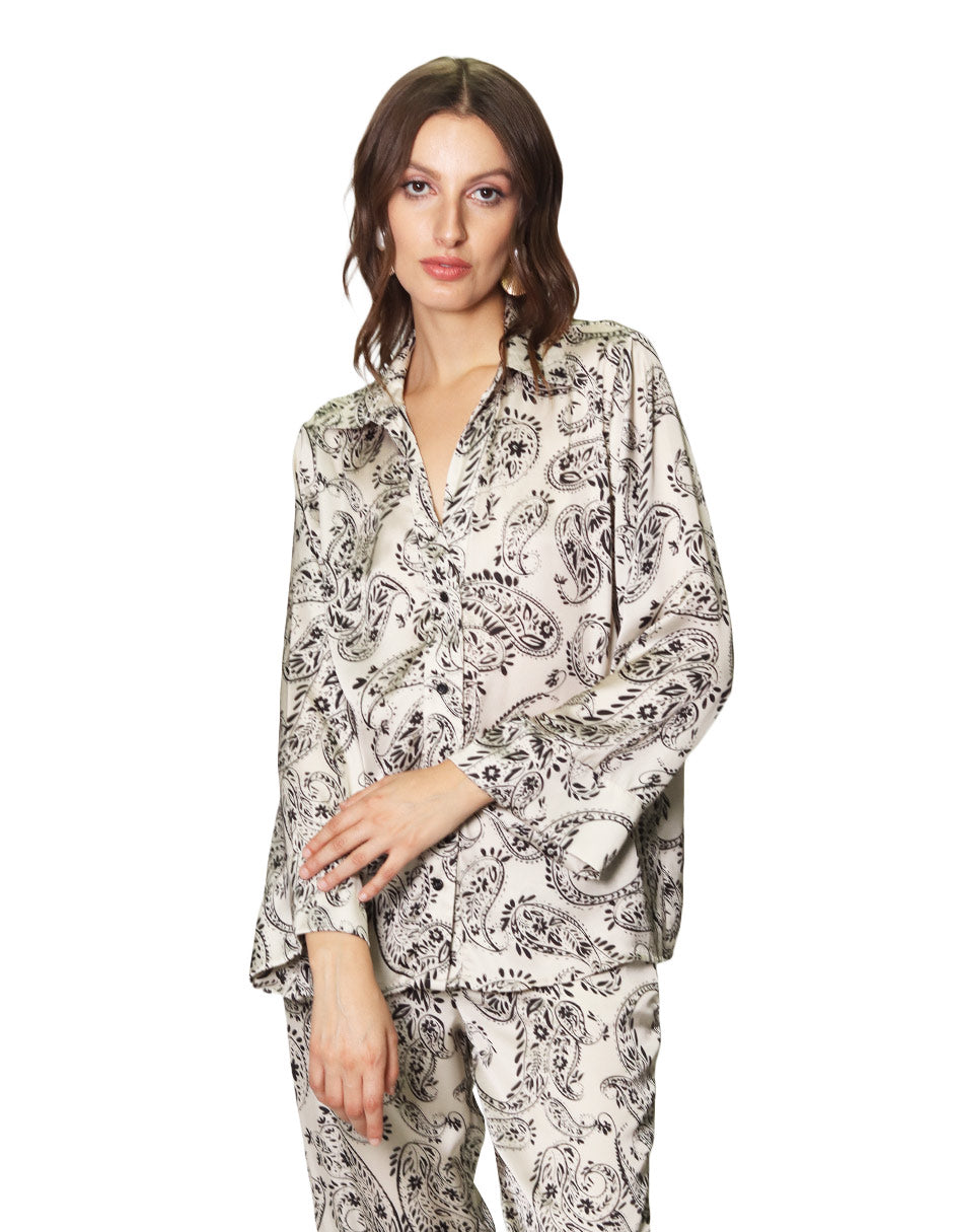 Blusas Para Mujer Satinada Manga Larga Estampado Paisley N43107 Unico