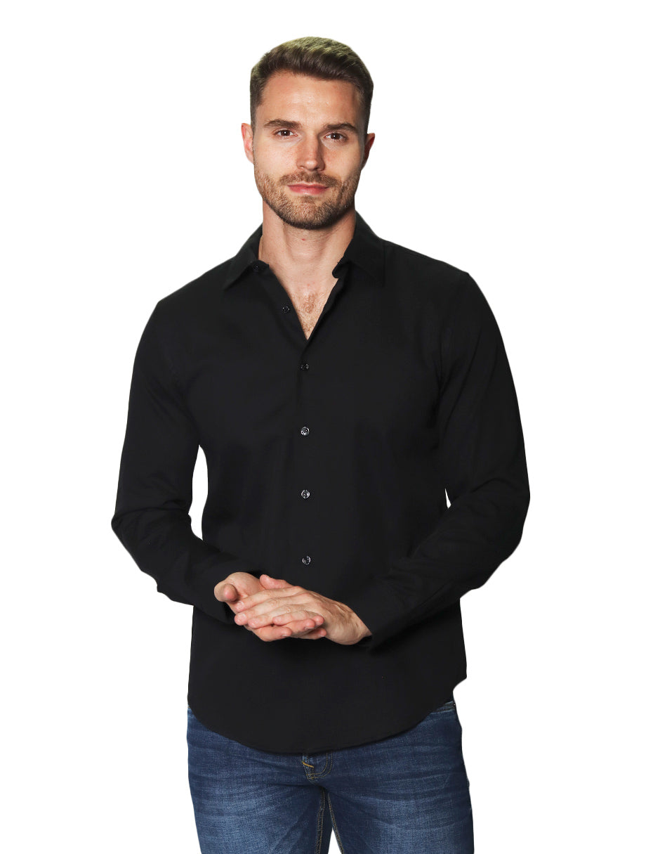 Camisas Para Hombre Manga Larga Micro Cuadros Jackard B45305 Negro