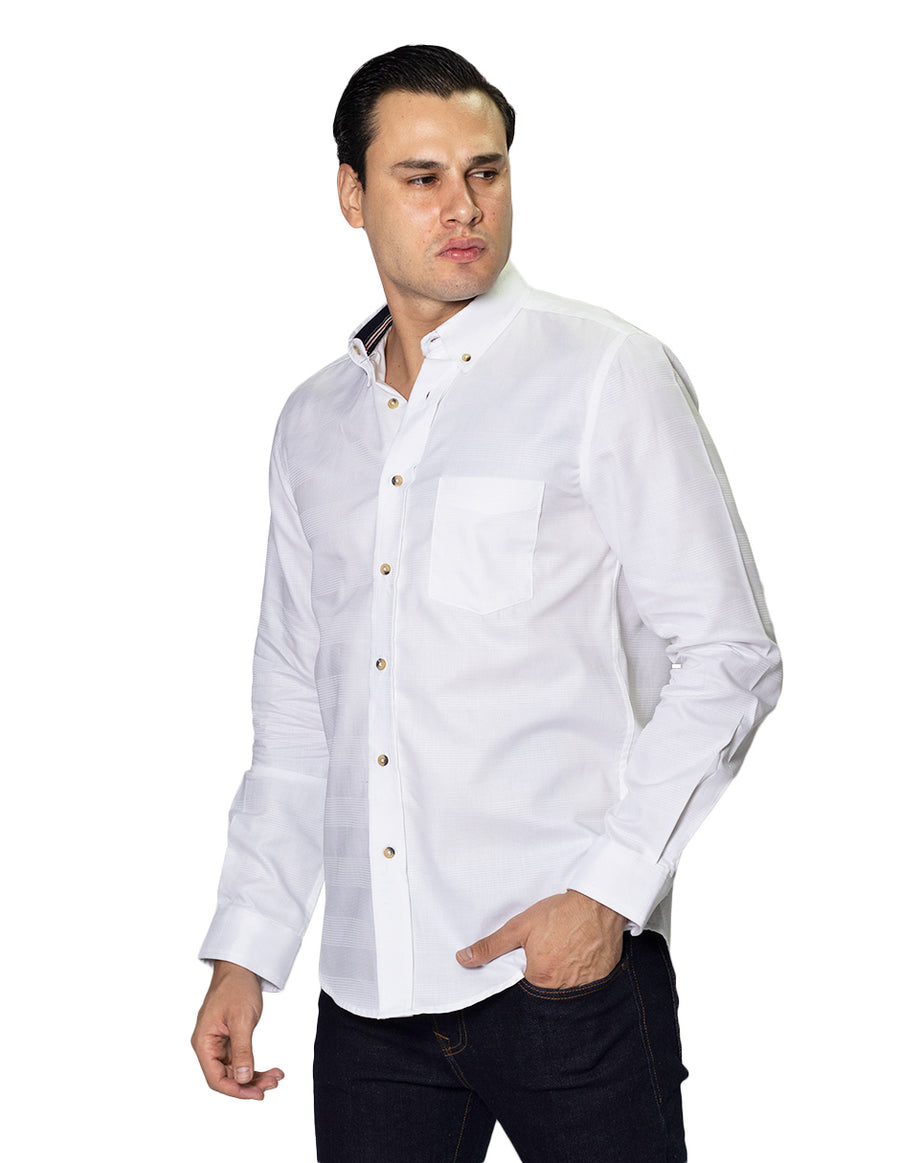 Camisas Para Hombre Bobois Moda Casuales Con Tejido Jacquard De Manga Larga Slim Fit B35112 Blanco