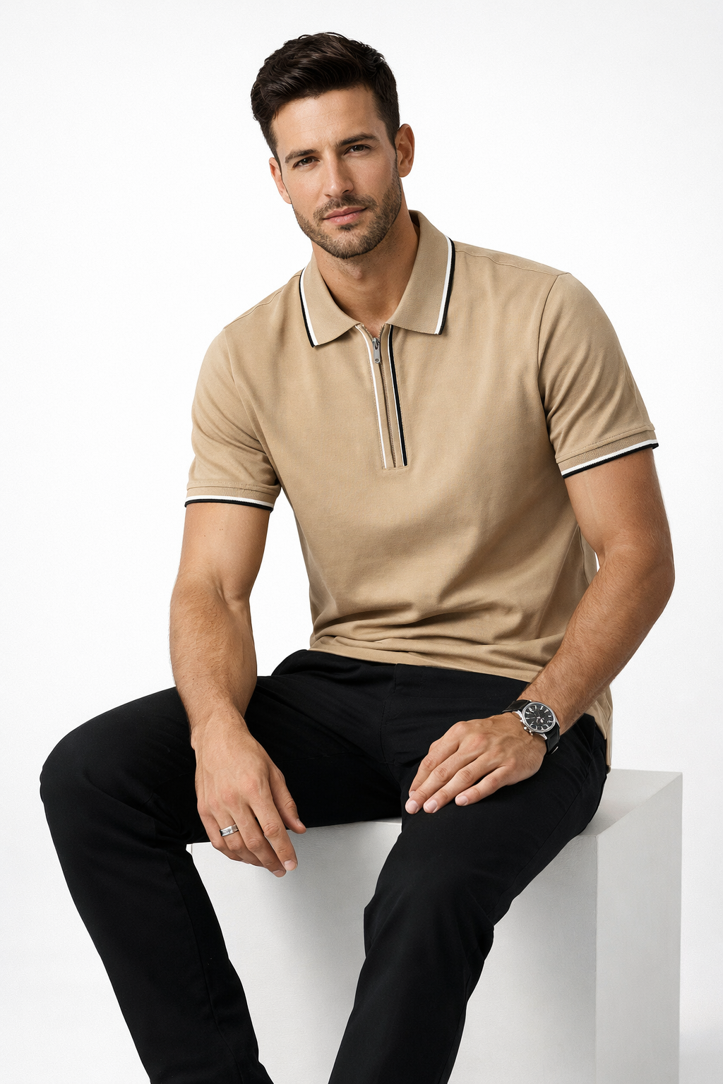 Playera Polo para Hombre Casual con Cierre Stretch Antiarrugas A61415 Beige