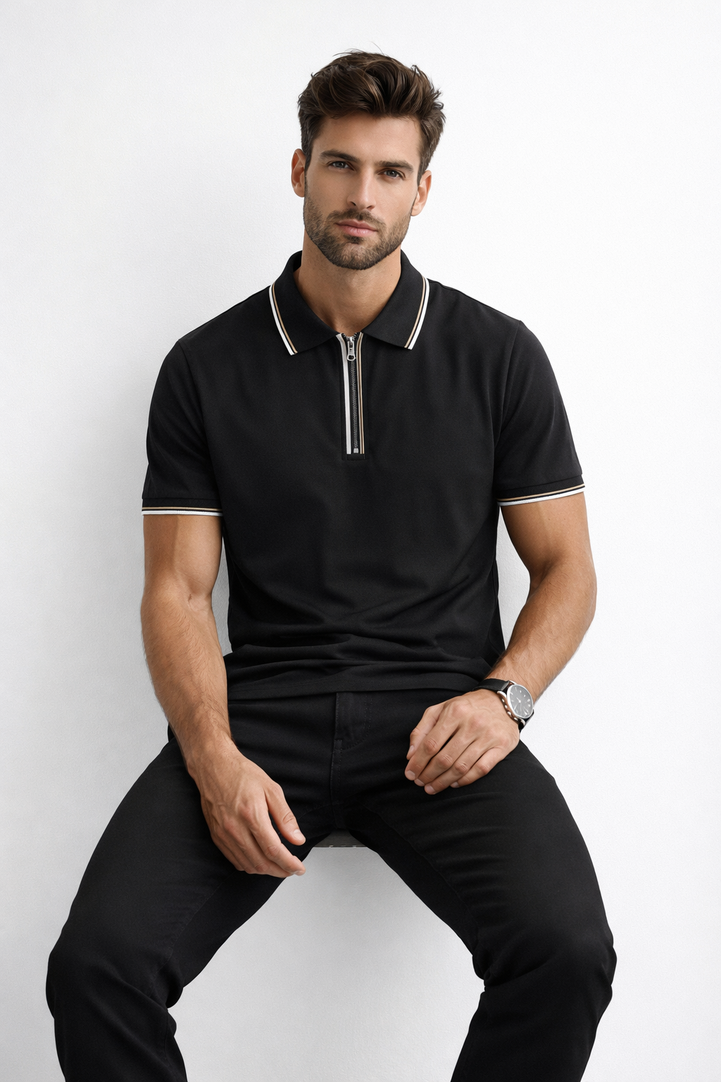 Playera Polo para Hombre Casual con Cierre Stretch Antiarrugas A61415 Negro
