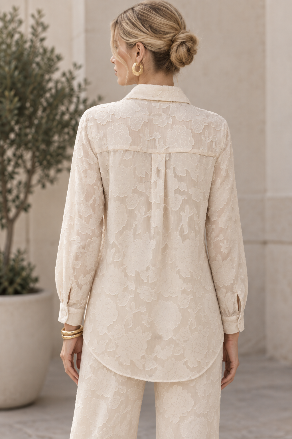 Blusas Para Mujer Jacquard Con Transparencia Y Diseño Floral N63107 Hueso