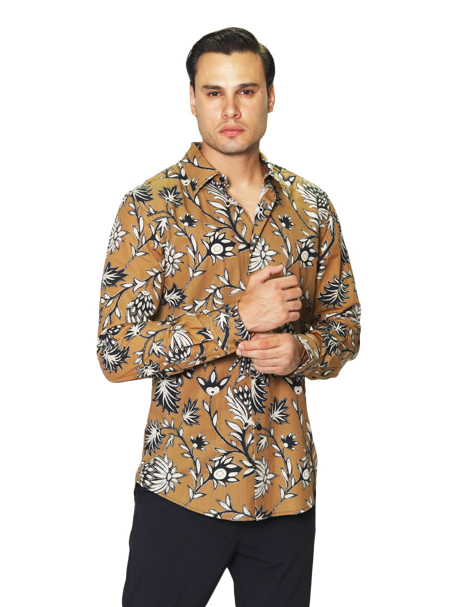 Camisas Para Hombre Manga Larga Estampada B45513 Ocre