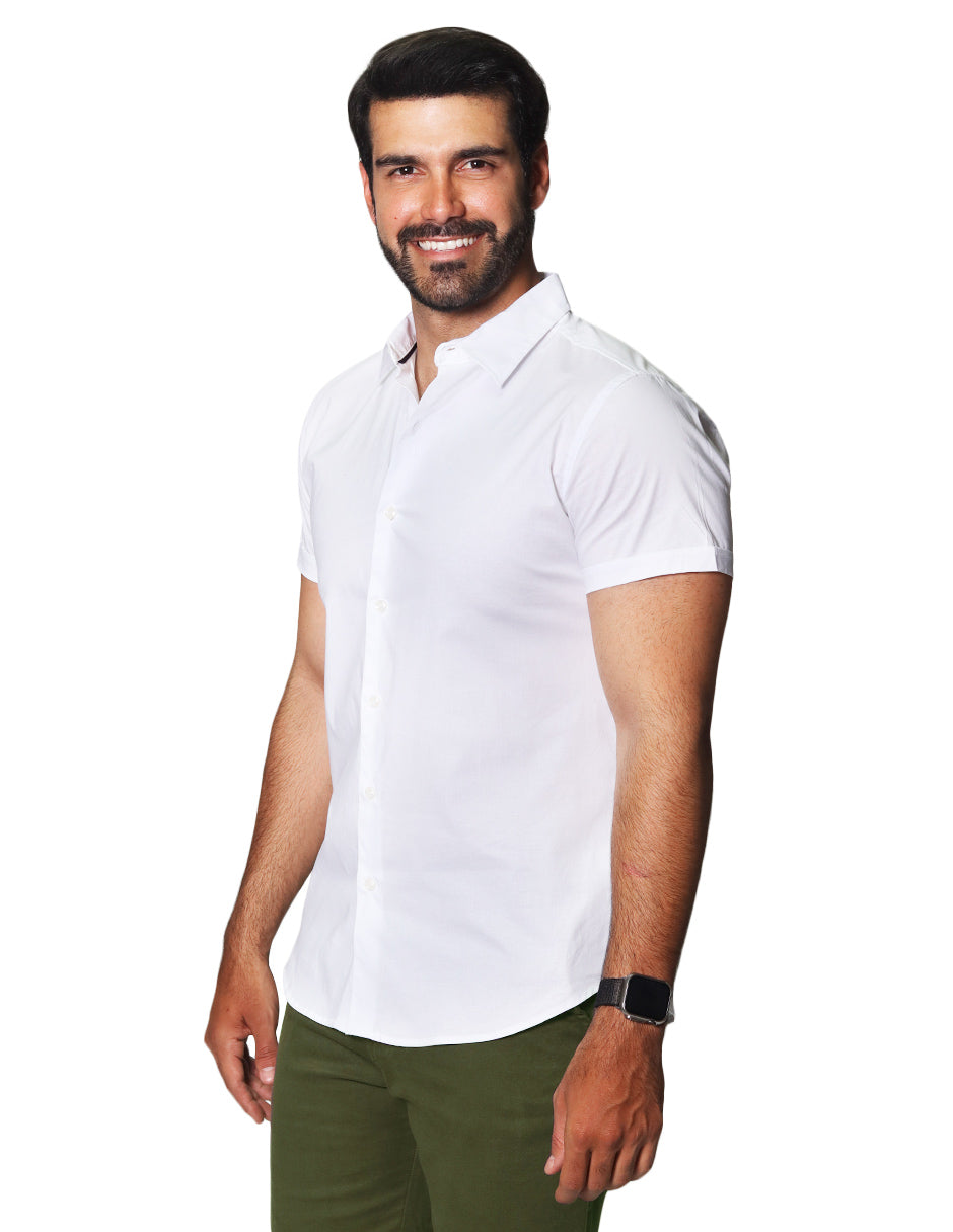 Camisas Para Hombre Lisa De Manga Corta Cuello Italiano Slim Fit BPOPMC Blanco
