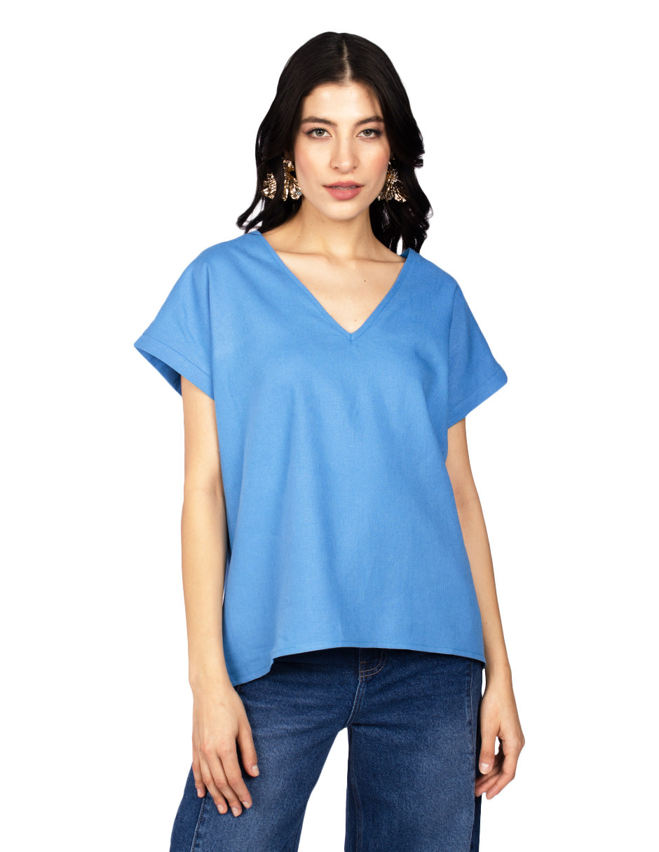 Blusas Para Mujer Tipo Lino Basico Ovesize N51154 Azul