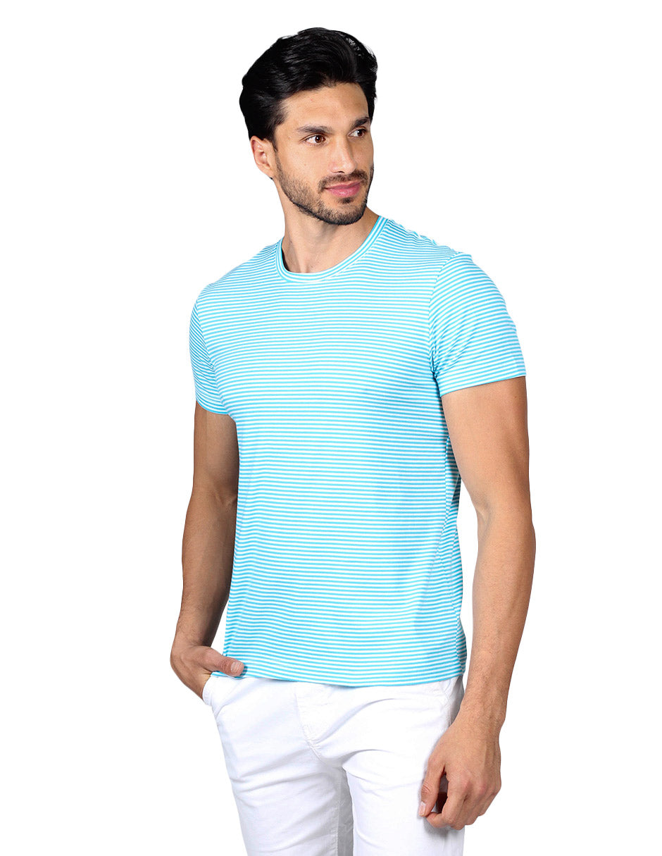 Playeras Para Hombre De Manga Corta Con Estampado De Micro Rayas A41111 Aqua