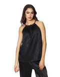 Blusas Para Mujer Bobois Moda Casuales Satinada Cuello Halter Con Cadena Con Estampado De Flores N33100 Negro
