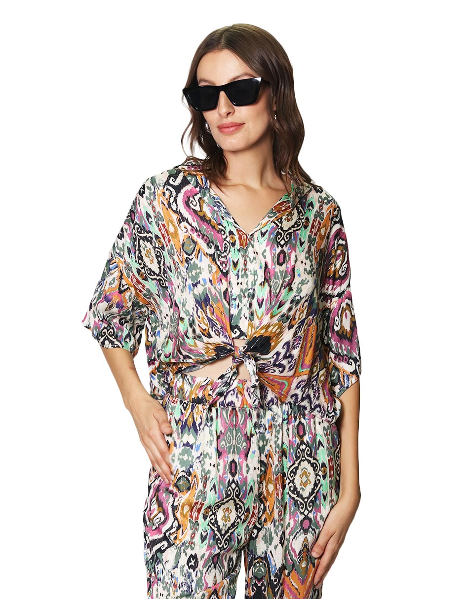Blusas Para Mujer Estampada Con Nudo N43102 Olivo