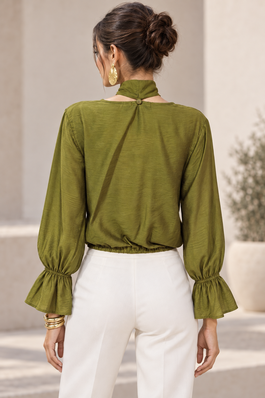 Blusas Para Mujer Con Lazo Al Cuello, Escote En V Y Manga Larga Con Olanes N63130 Verde