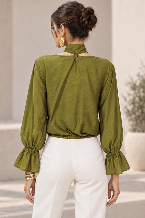 Blusas Para Mujer Con Lazo Al Cuello, Escote En V Y Manga Larga Con Olanes N63130 Verde