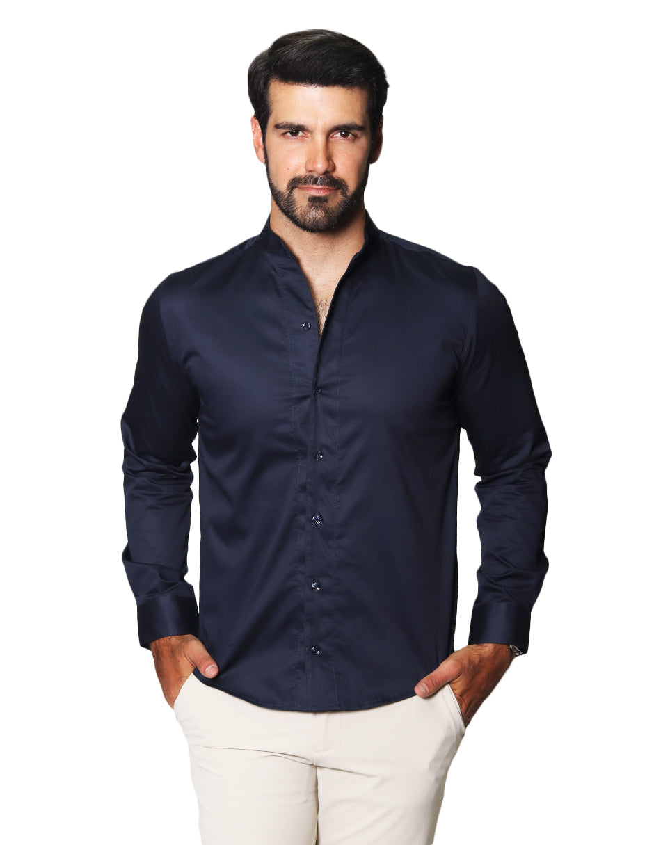 Camisas Para Hombre De Manga Larga Cuello Mao Con Aletilla Slim Fit BPOPSM Marino