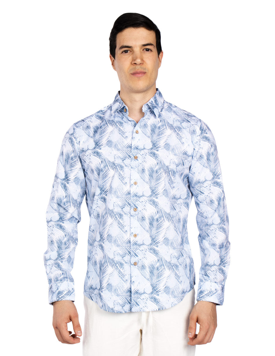 Camisas Para Hombre Estampada Tipo Lino B51327 Azul