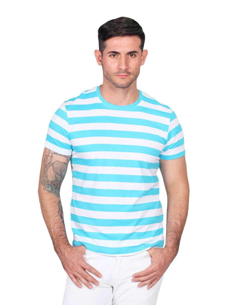 Playeras Para Hombre De Manga Corta Con Estampado De Rayas A41112 Aqua