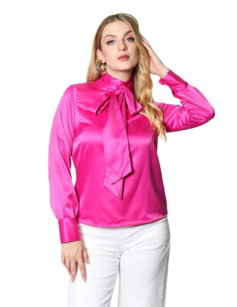 Blusas Para Mujer Satinada Manga Larga Moño N43101 Fiusha
