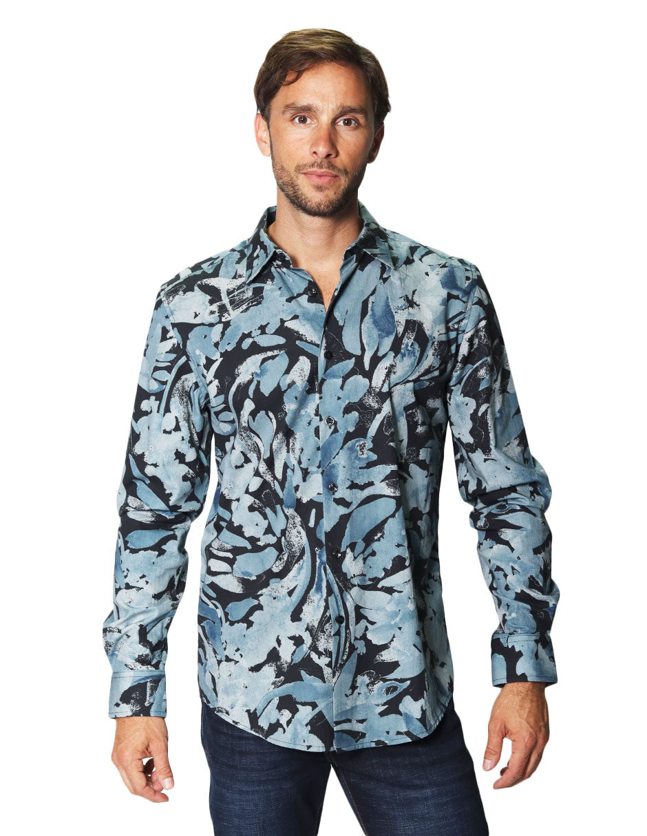 Camisas Para Hombre Manga Larga Estampada B45521 Azul