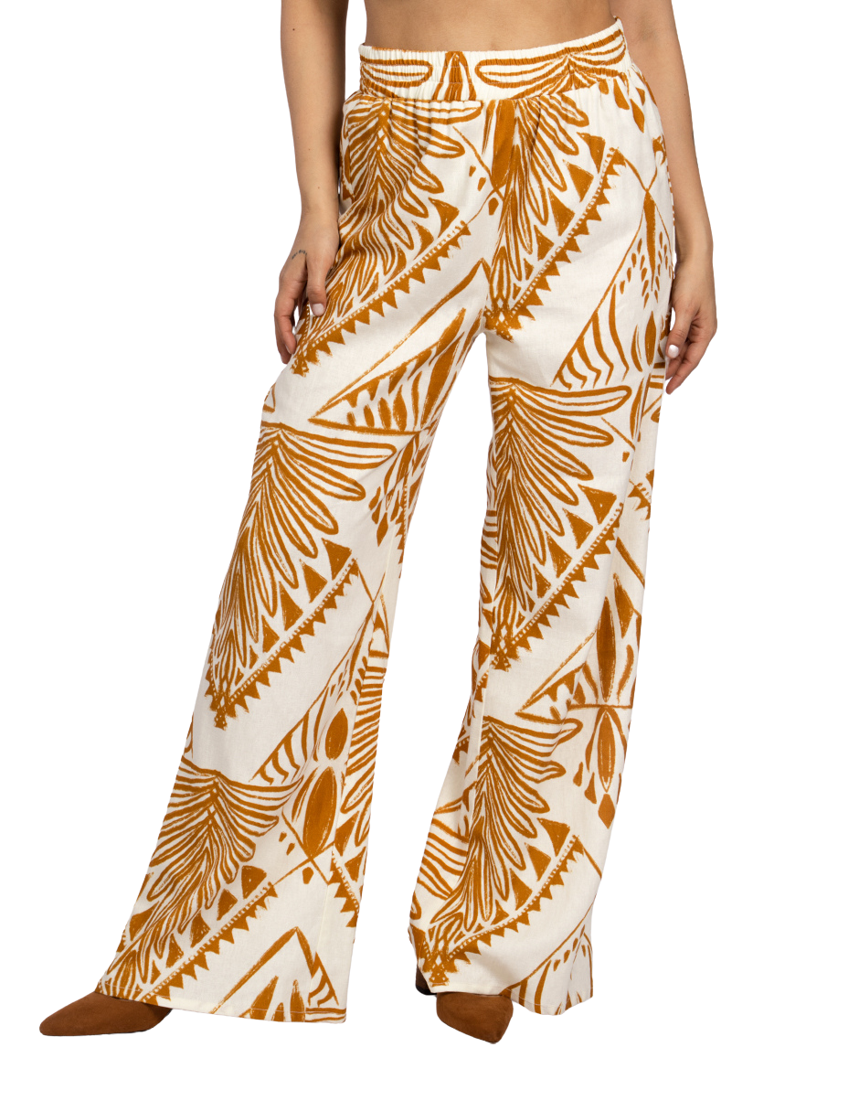 Pantalones Para Mujer Wide Leg Tipo Lino Estampado W51124 Ocre