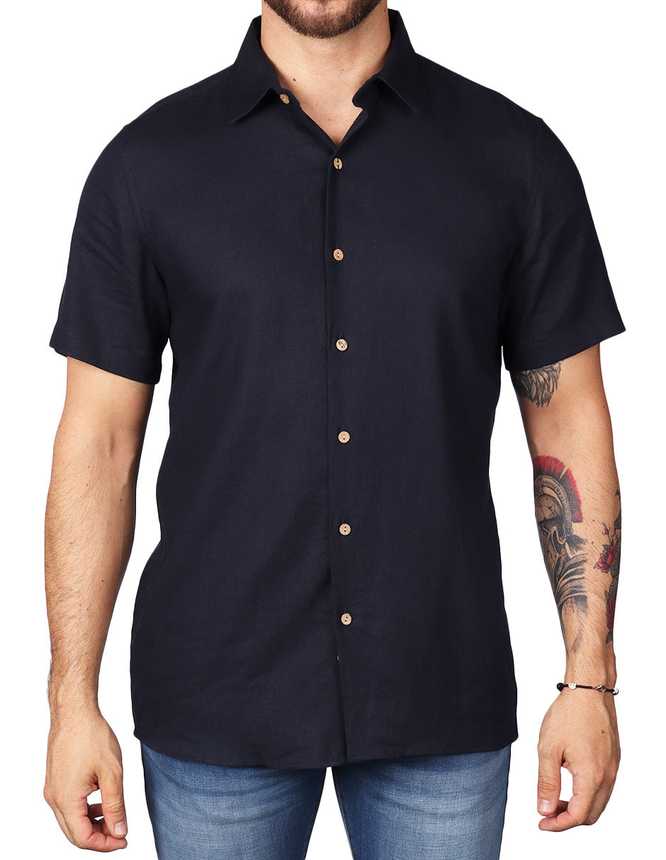 Camisas Para Hombre Estilo Lino Liso B51372 Marino