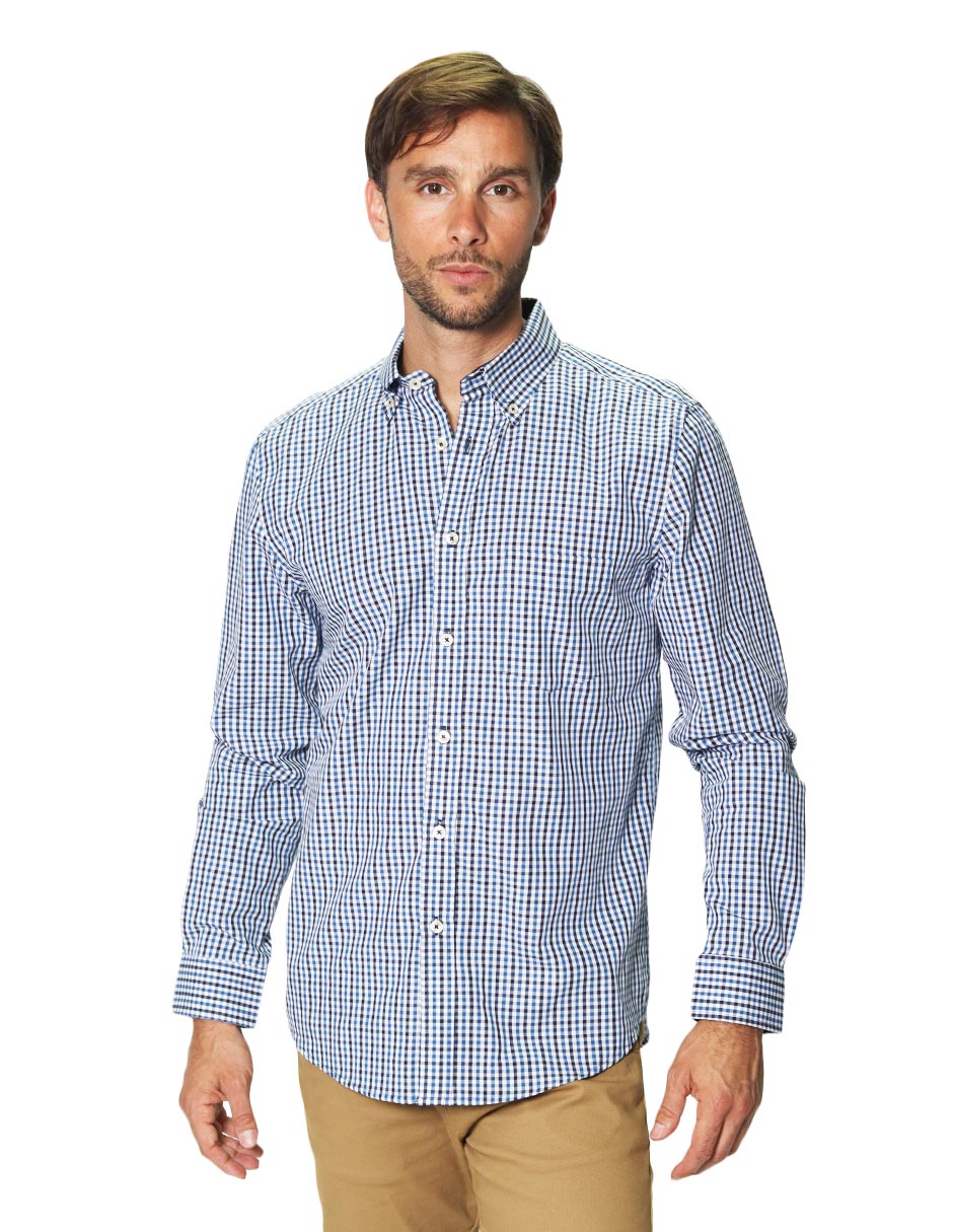 Camisas Para Hombre Manga Larga Cuadros Bicolor B45203 Azul