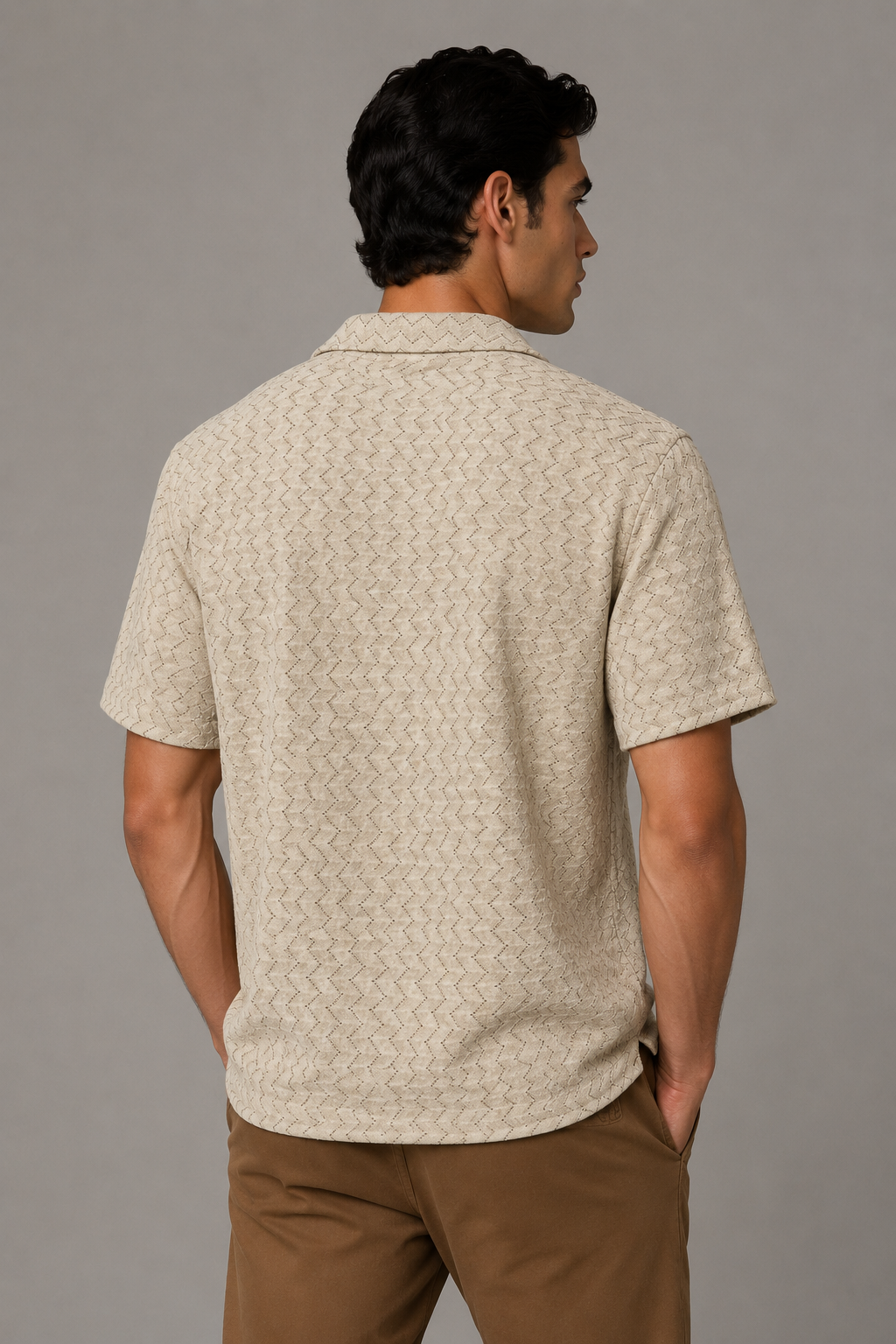 Camisas Para Hombre Manga Corta Crochet Textura Zizag B65456 Beige