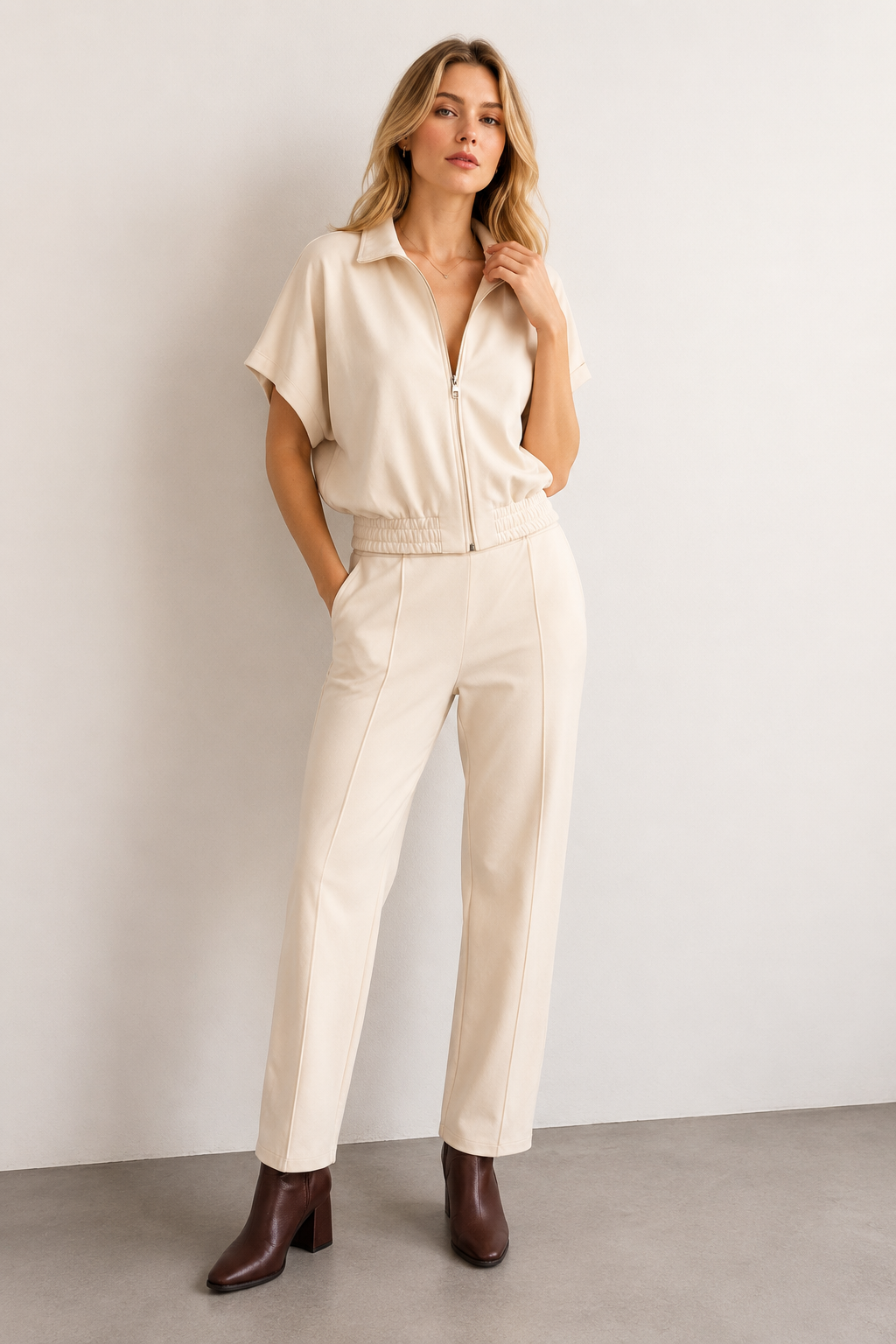 Pantalones Para Mujer De Pierna Recta Con Pretina Doblada Y Pespunte W63123 Crema