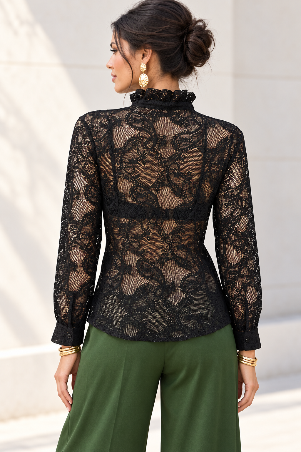 Blusas Para Mujer Camisera De Encaje Con Olanes N63105 Negro
