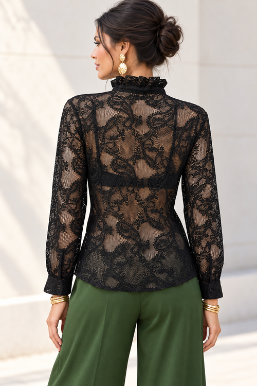 Blusas Para Mujer Camisera De Encaje Con Olanes N63105 Negro