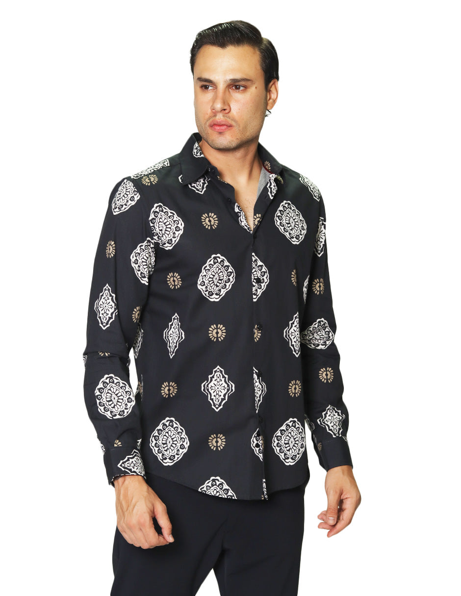 Camisas Para Hombre Manga Larga Estampada B45519 Negro