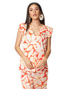 Blusas Para Mujer Bobois Moda Casuales Satinada Con Olanes Cuello V Con Estampado De Flores N41138 Naranja