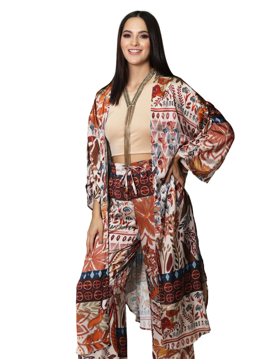 Kimonos Para Mujer Bobois Moda Casuales Midi Largo De Manga Larga Con Estampado De Hojas T33109 Beige