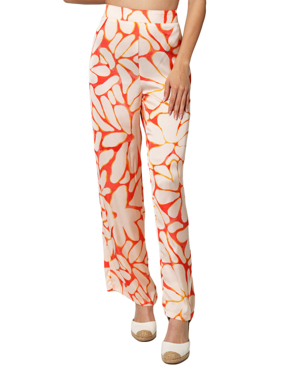 Pantalones Para Mujer Satinado De Tiro Alto Estampado De Flores W41112 Naranja
