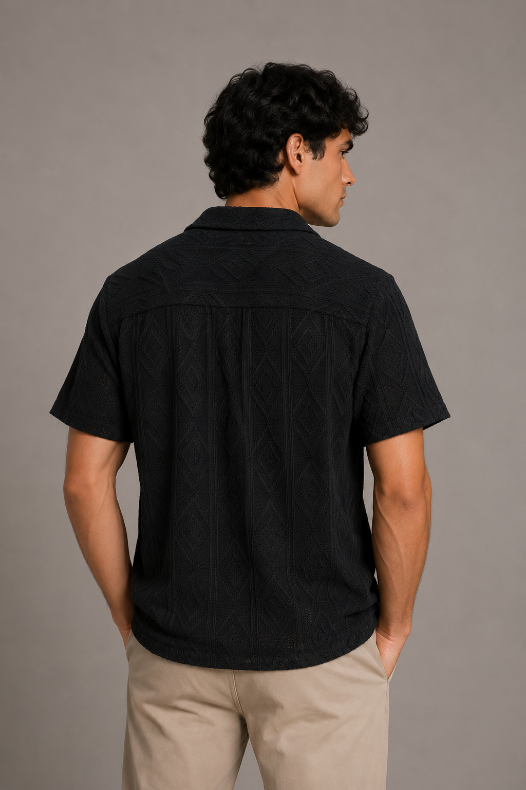 Camisas Para Hombre Manga Corta Tejida Diseño Rombos  B65455 Negro