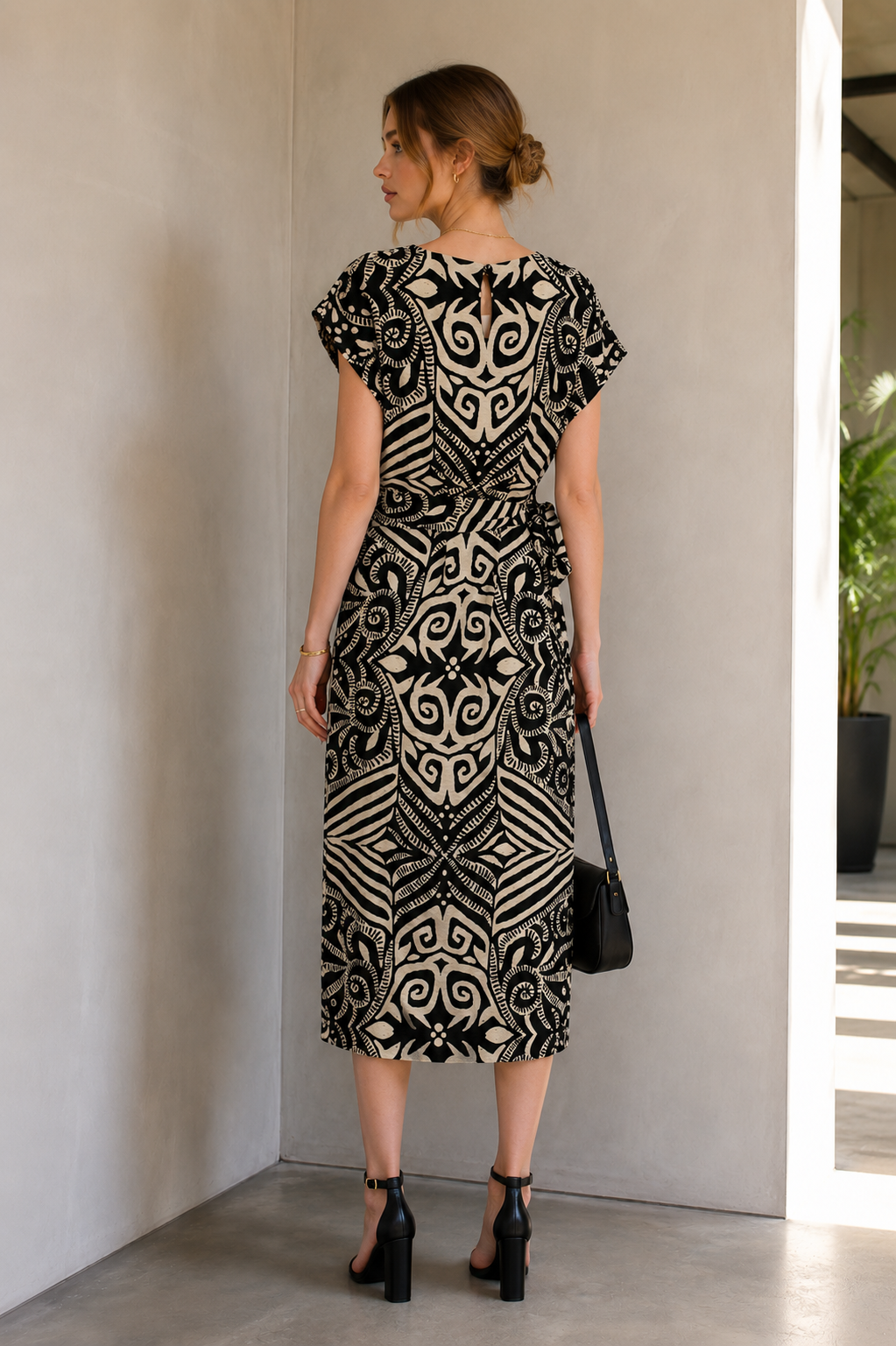 Vestidos Para Mujer Midi Estampado con Nudo S63105 Negro/Hueso