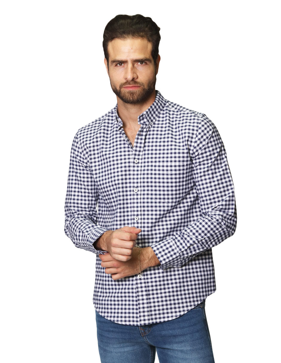 Camisas Para Hombre Estampado De Cuadros Slim Fit B41115 Marino