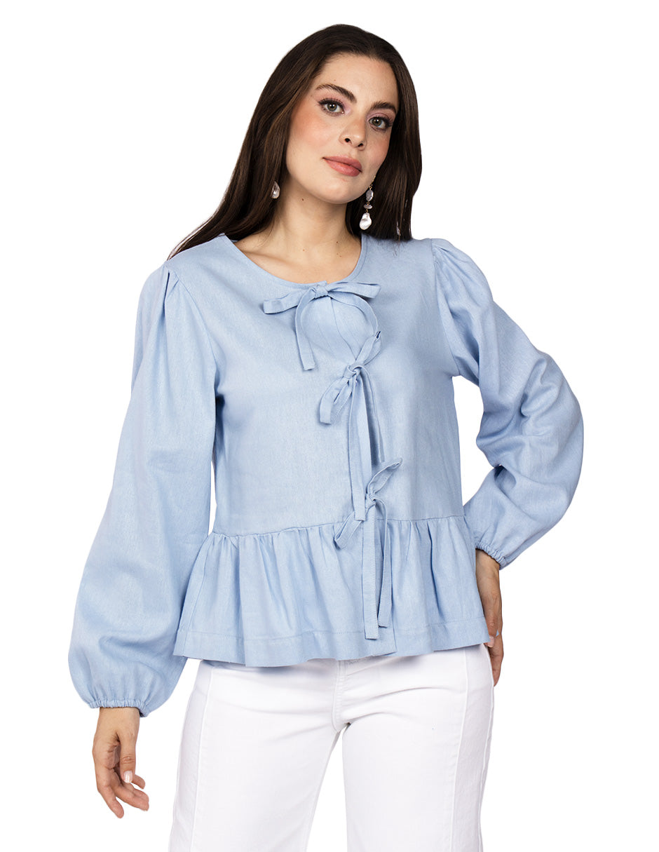 Blusas Para Mujer Tipo Lino Con Moños N51151 Azul