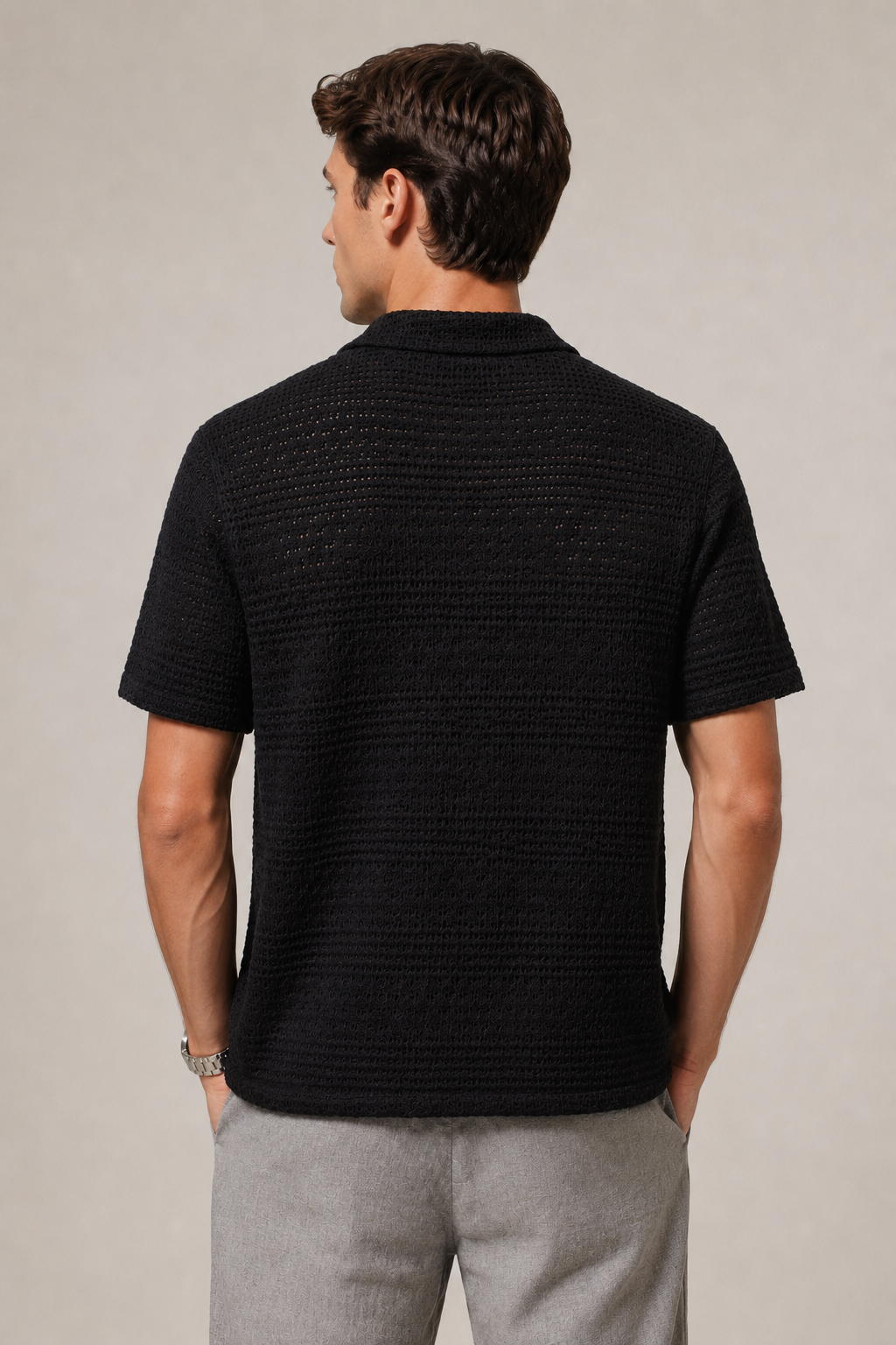 Camisas para Hombre Manga Corta de Punto Calada B65452 Negro