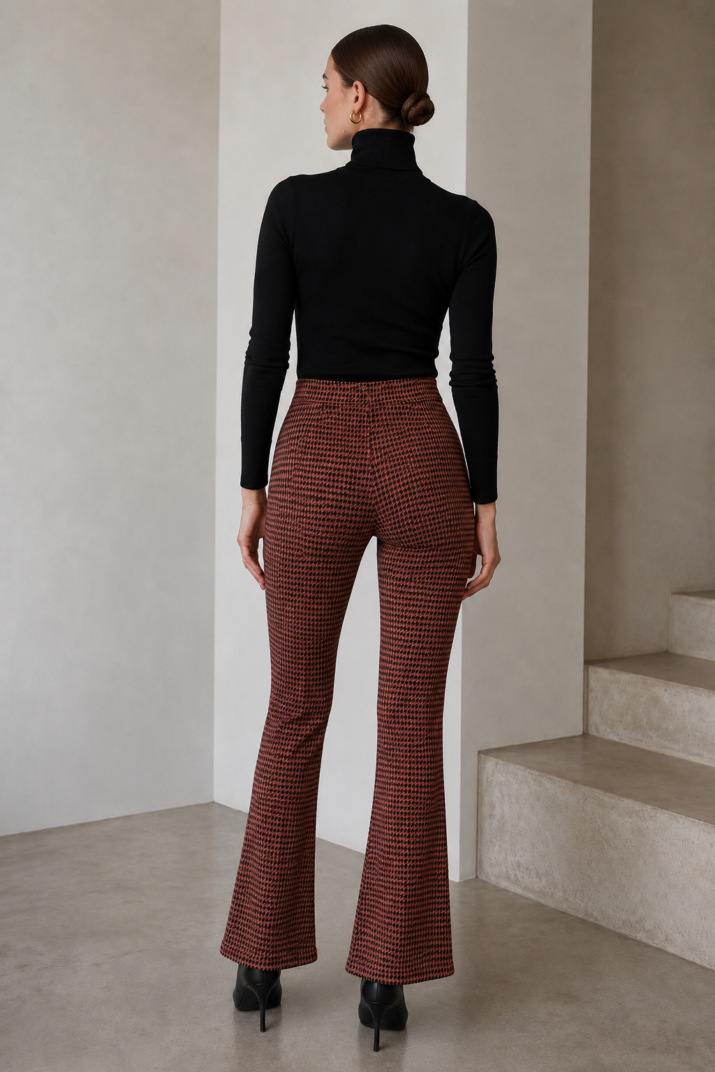 Pantalones Para Mujer Recto Pata De Gallo Con Pespunte W53111 Rosa Palo