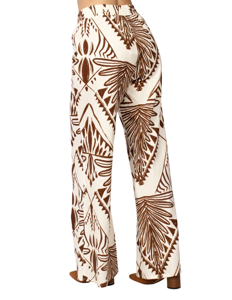 Pantalones Para Mujer Wide Leg Tipo Lino Estampado W51124 Cafe