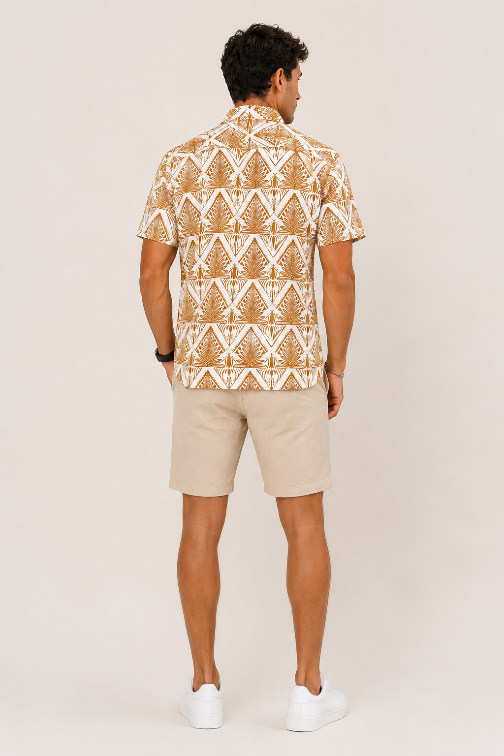 Camisas Para Hombre Manga Corta Estampado Tropical B51564 Ocre
