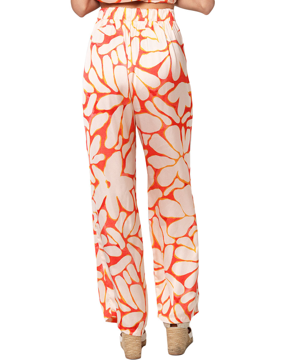Pantalones Para Mujer Satinado De Tiro Alto Estampado De Flores W41112 Naranja