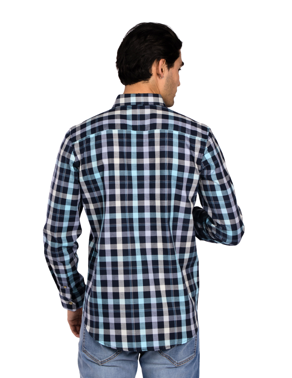 Camisas Para Hombre Manga Larga Cuadros Tipo Lino B51125 Marino