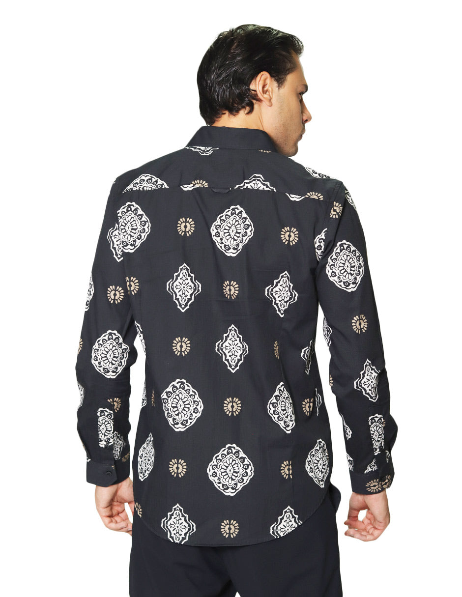 Camisas Para Hombre Manga Larga Estampada B45519 Negro