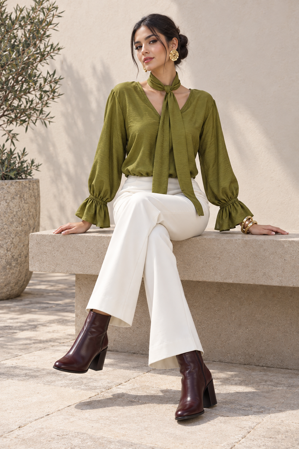 Blusas Para Mujer Con Lazo Al Cuello, Escote En V Y Manga Larga Con Olanes N63130 Verde
