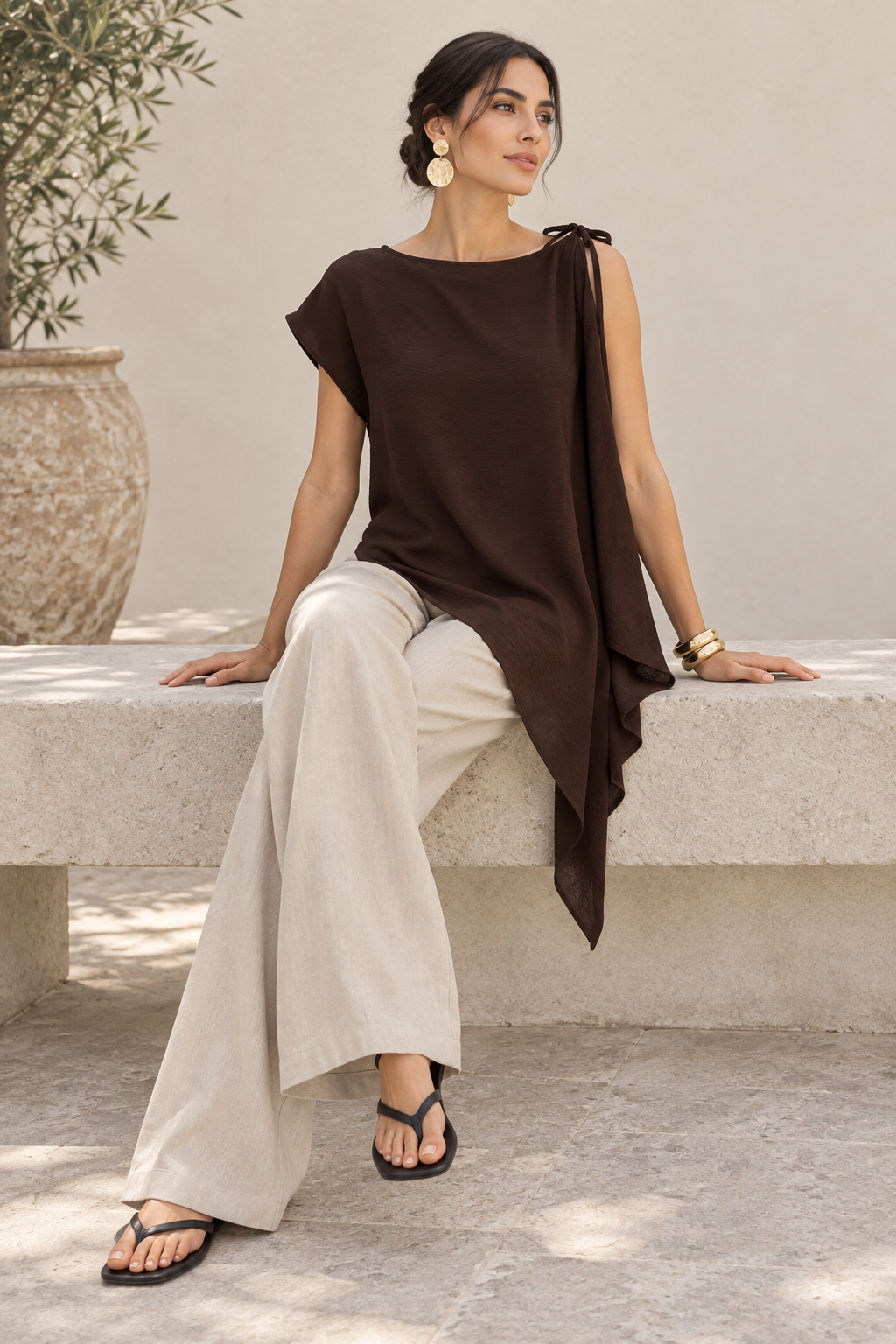 Blusas Para Mujer Asimétrica Con Lazo En Hombro Y Caída Lateral N63137 Café