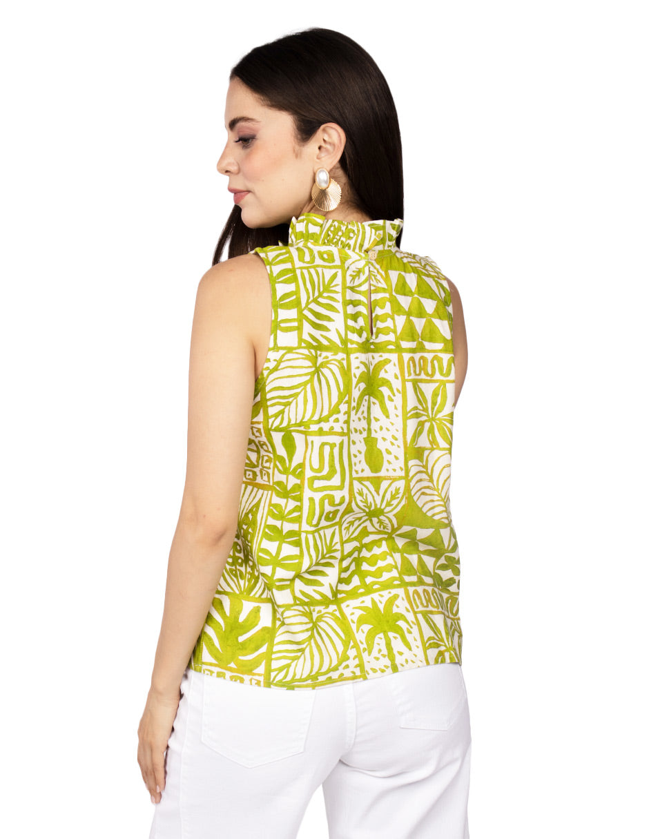 Blusas Para Mujer De Lino Cuello Alto Etnica N51118 Verde