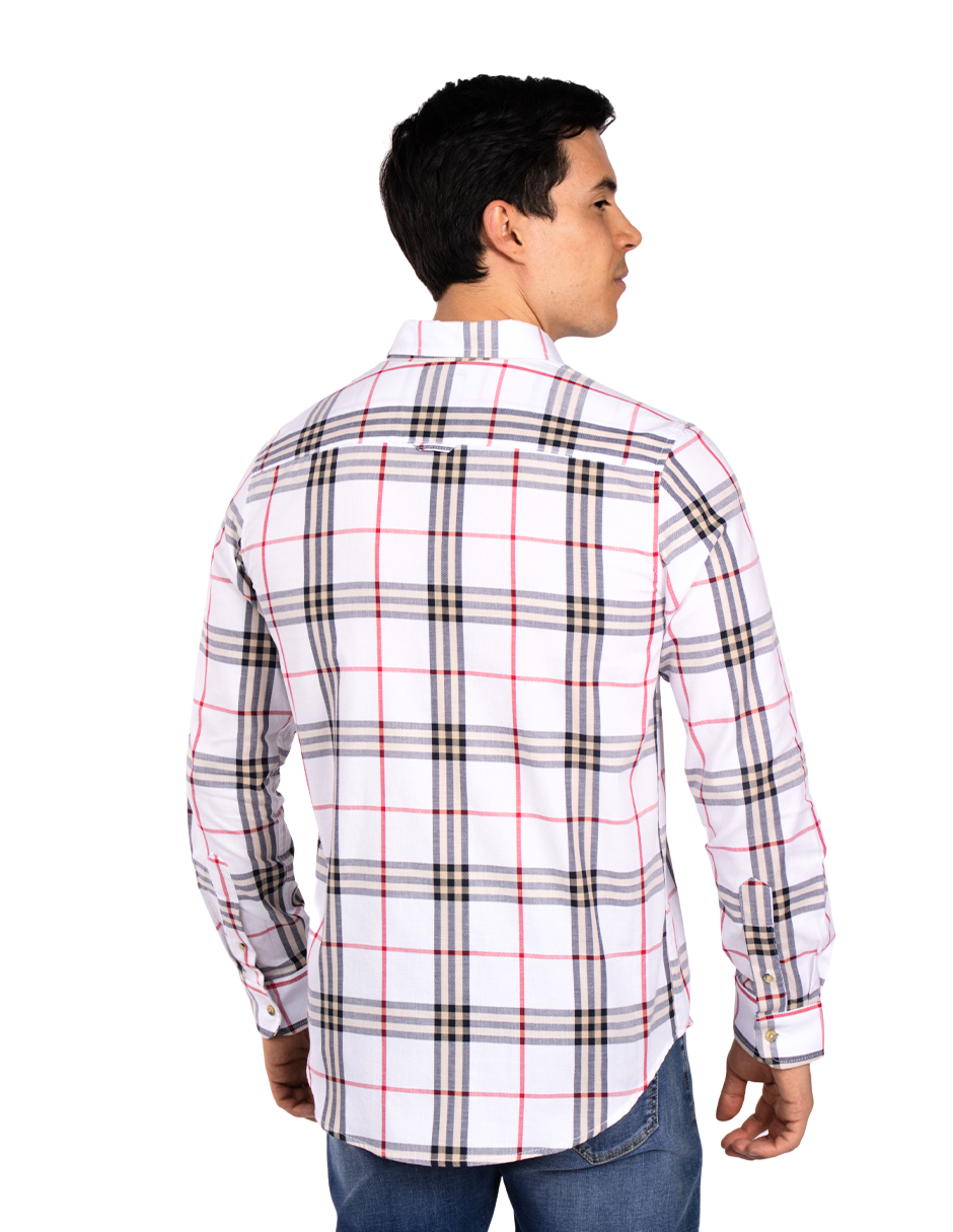 Camisas Para Hombre Manga Larga Cuadros Oxford B51129 Blanco